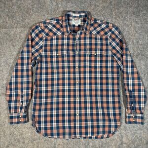 Lucky Brand Western Shirt Mens L Blue Orange Plaid Pearl Snap VTG Cowboy Pastel